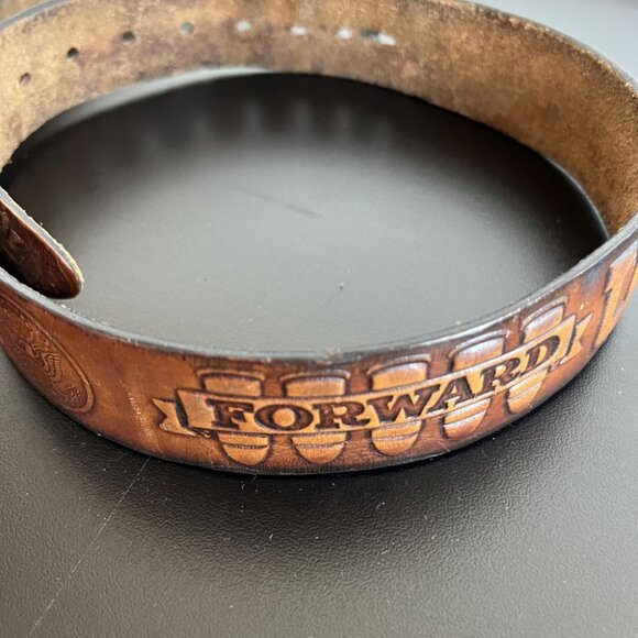 vintage 70s belt brown tooled leather U.S. ARMY cold steel brass CHRIS buckle XL - Picture 15 of 15